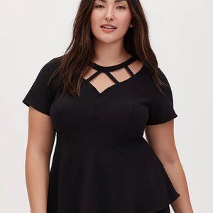 Torrid Black Crepe Cage Neckline Peplum Blouse NWT